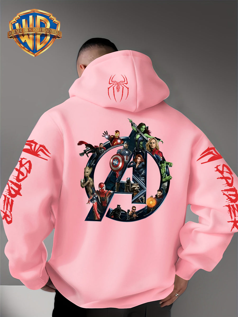 Men'S Trendy Fall Hoodie, American Superhero Collection Print Hooded Sweatshirt, Unisex Loose Street Style Casual Top. Casual Daily Style with Drawstring Design, Long Sleeve Knit Sweater, Machine Washable, Perfect for Casual, Athletic - Pink