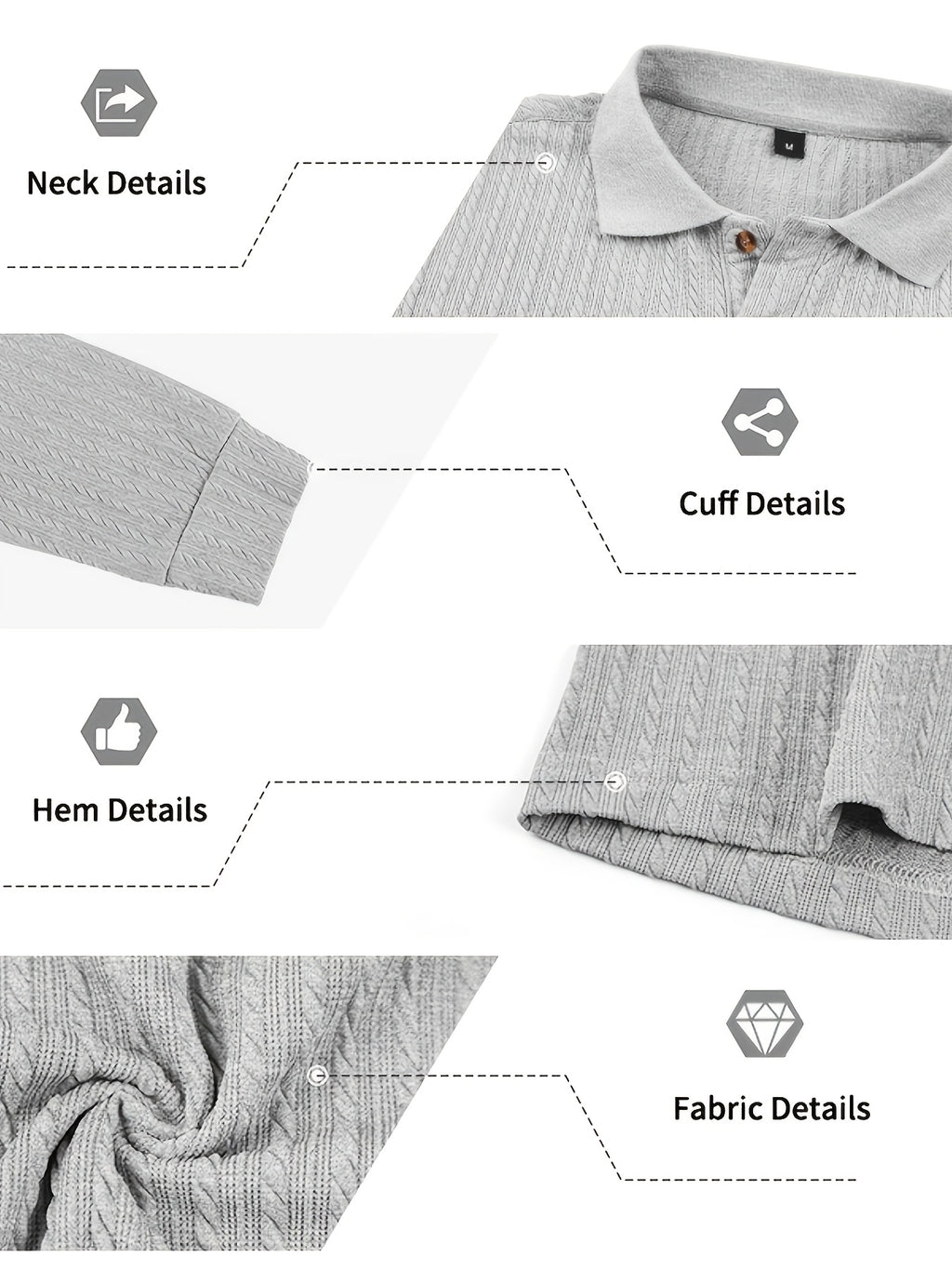 Autumn/Winter New Arrival: 1pc Men's Twisted Cable Vertical Stripe Knit Long-Sleeve Polo Shirt, Three-Dimensional Jacquard Texture, Classic Lapel, Vintage Brown Wood Grain Three-Button, Stretchy Soft Knitted Fabric, Solid Color Minimalist Top - Grey
