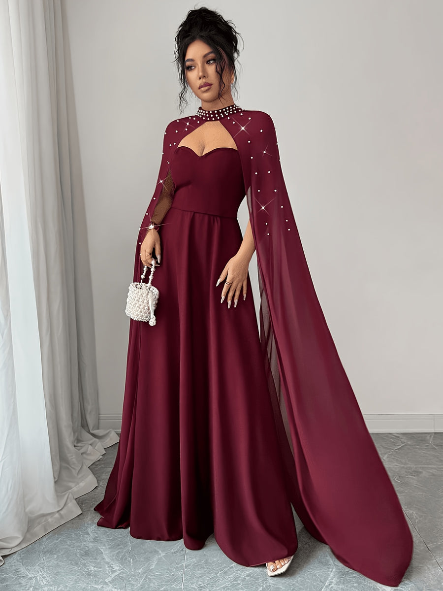 Women's Pearl-Embellished A-Line Bridesmaid Dress with Cinching Waist - Lightweight Cocktail Gown Suitable for Weddings, Proms, Parties, Machine Washable Elegant Party Dress with Pearl Neckline & Stand Collar, Year-Round Wear - Red