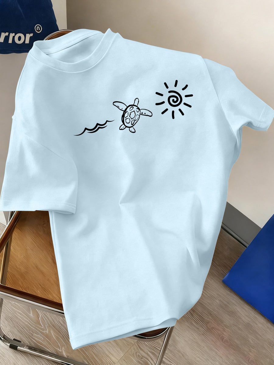Men's New Style Pure Cotton Crew Neck Short Sleeve T-Shirt with Sea Turtle, Ocean Wave, and Sun Print - Comfortable, Soft, Breathable, Perfect for Vacation, Leisure, and a Summer Essential - Light Blue Color