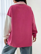 Women's Casual Oversized Color Block Long Sleeve Jacket with Square Neck, Woven Polyester, Solid Color, Pocket Detail - All Seasons - Mixed colors
