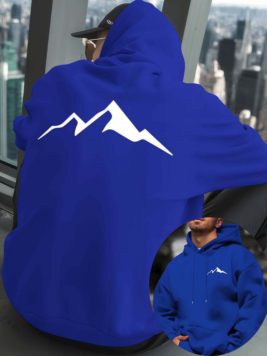 Mountain Men'S New Trendy Autumn Winter Hooded Sweatshirt, Casual Daily Drawstring Hoodie Creative Design Print, Kangaroo Pocket, Unisex Top - Blue