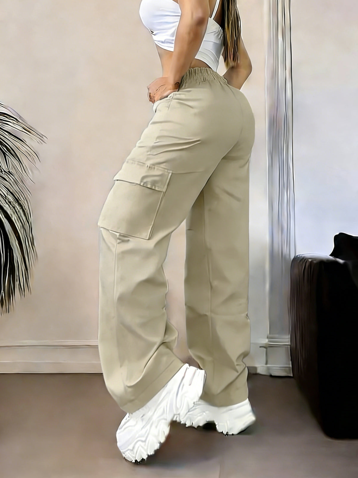 Women's Casual Trousers with a Creative Heart and Cherry Print Design, Fashionable Cargo Pants - D355-WHY2075 - Khaki