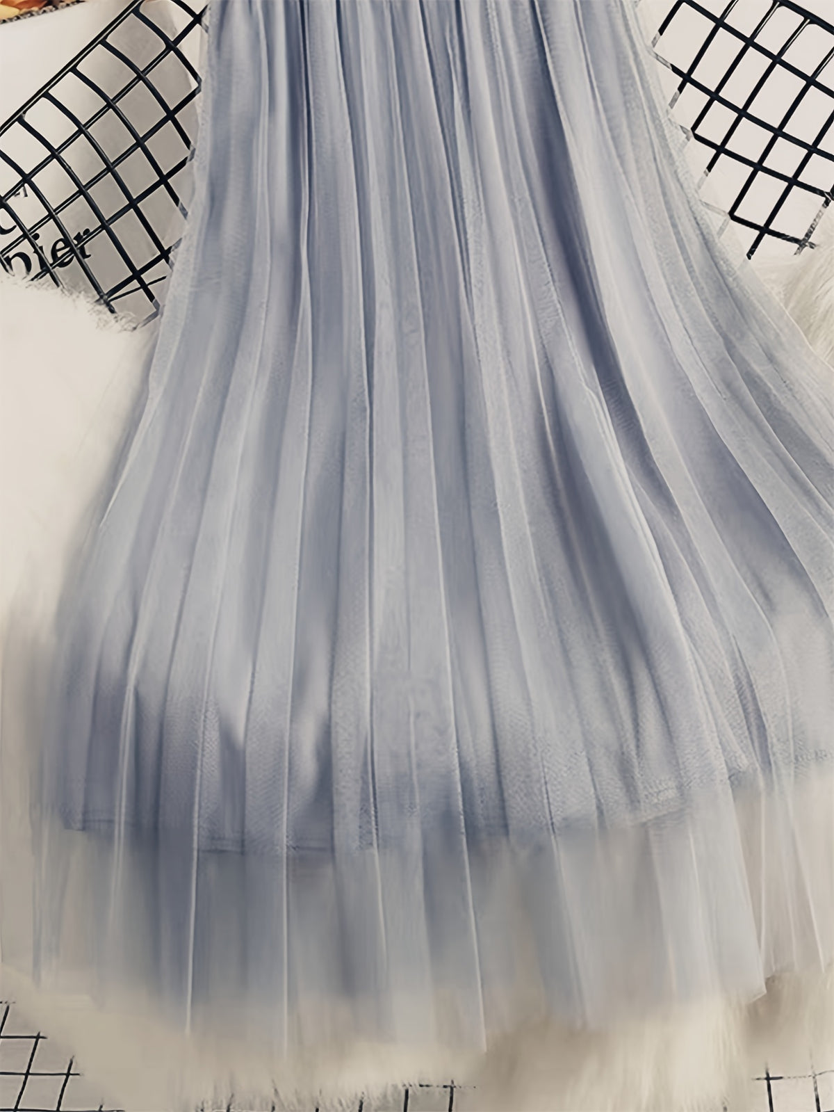 Petite Women'S Mesh Half Skirt High-Waist Pleated Flared Skirt - Light Grey