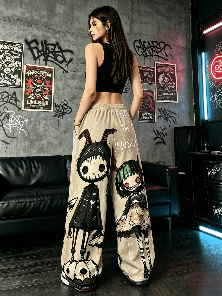 Women'S Digital Print Spring Summer Autumn Retro Horror Doll Cartoon Printed Women'S Trousers, Punk Y2K Subculture Loose Drapey Wide-Leg Pants - Apricot