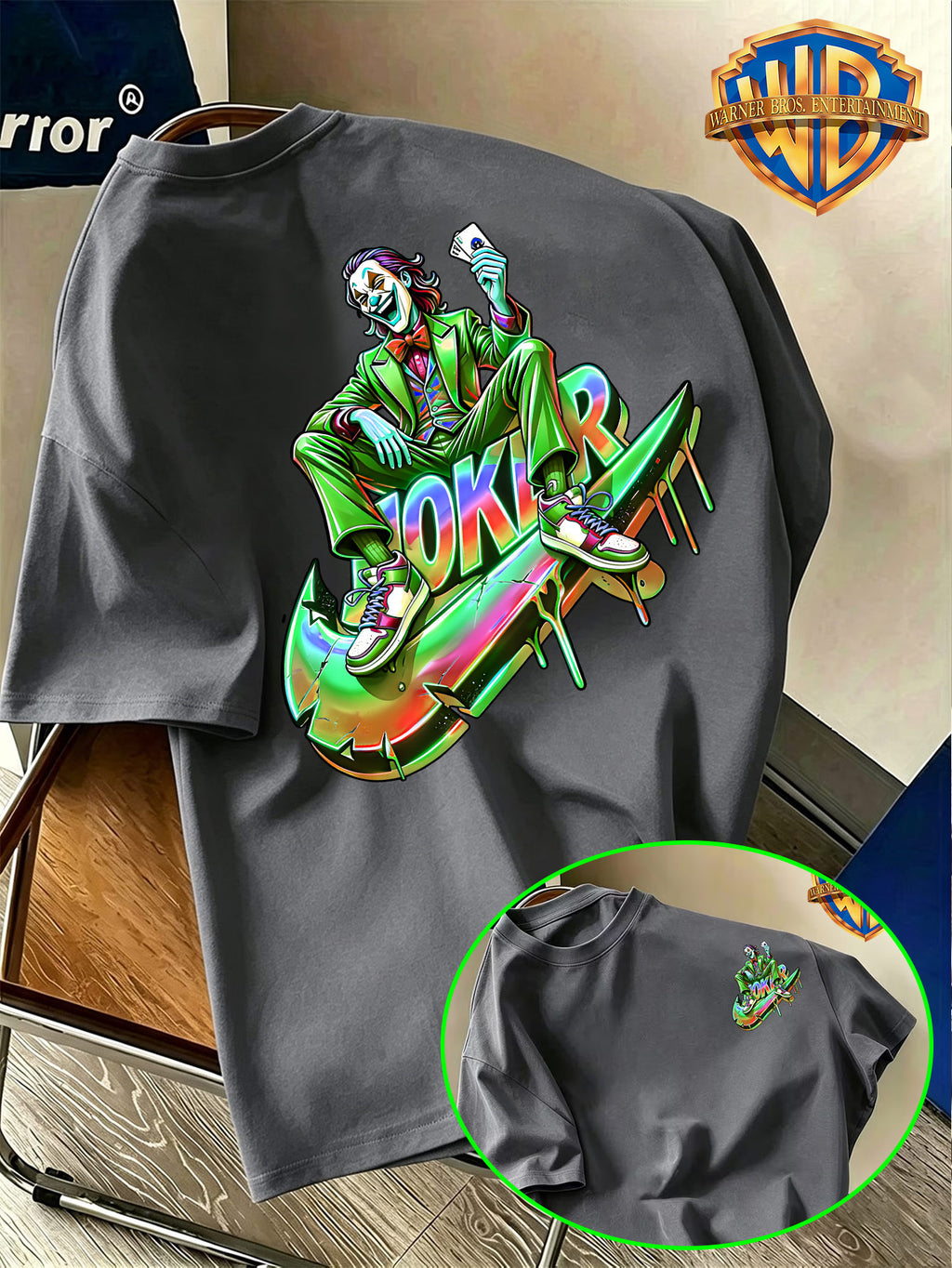 Warner Bros. Official American-Style Green Suit Cool Joker Seated Logo Print T-Shirt, a Hilarious! American Vintage Casual Short Sleeve, Men's Casual Comfortable Multi-Functional Loose Summer Short Sleeve T-Shirt, Suitable for Outdoor Wear - Dark Gray