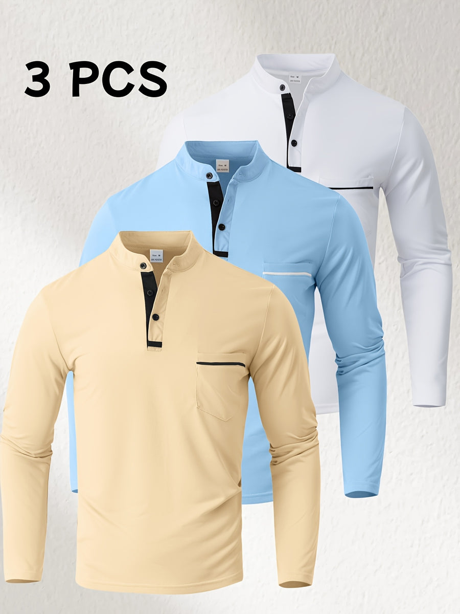 [Josh May OBM] 3pcs Men'S Long Sleeve Henley Shirts, Skin-Friendly Comfortable Fabric, Natural Elasticity Wearing Experience, Slim Casual Fit, Stand Collar Button-Up Design, Contrast Color Patchwork Detail, Chest Pocket Decoration - Light Khaki + Light Blue + White