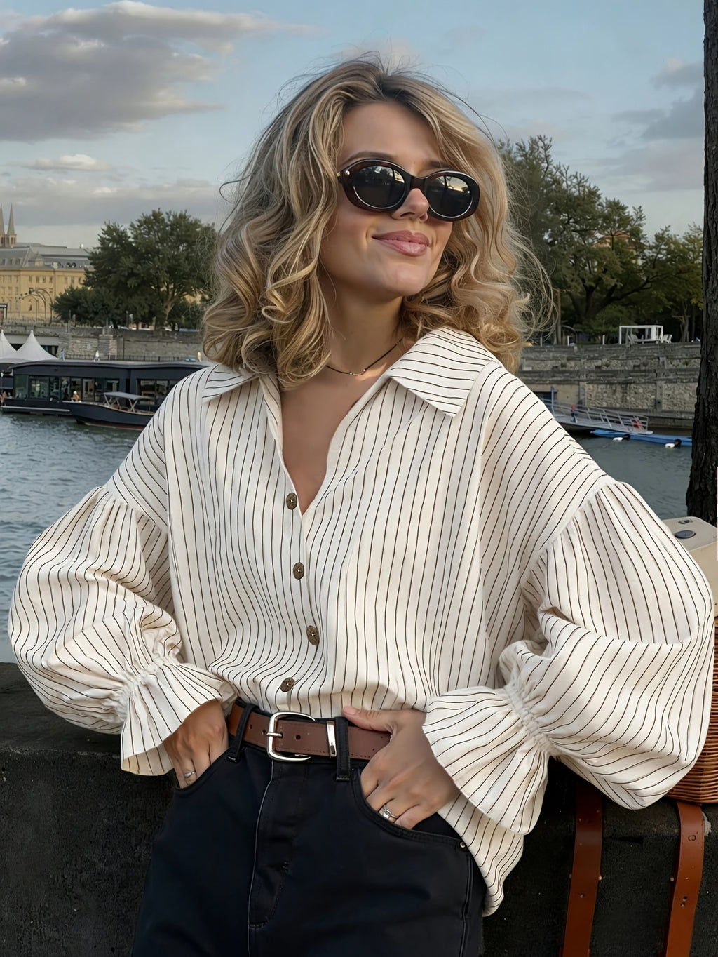 New Autumn Striped Women's Holiday Wear, Casual and Elegant for Outings, Dates, Back-to, Pleated Ruffle Front Button-Up Light Apricot Shirt, Early Autumn Street Style, Music Festival, Graduation, Beach Vacation, Beachwear, Party Wear, Birthday Wear - Light Beige