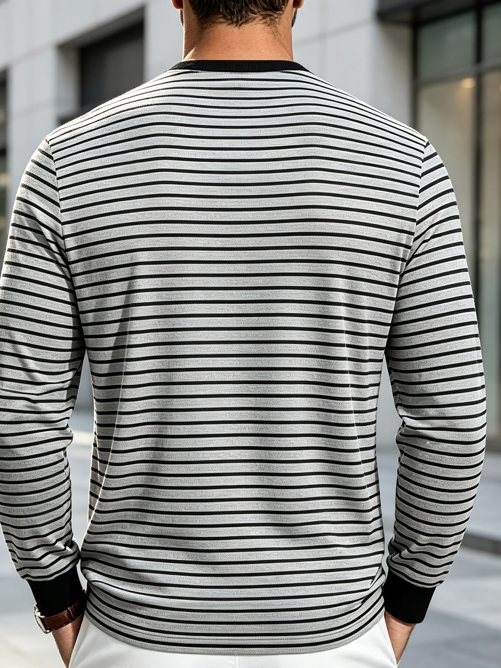 New Men's Striped Henley Neck Long Sleeve T-Shirt, Contrast Color Placket Button Casual Slim Fit Base Layer Top for Spring and Autumn - Light Grey