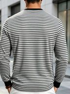 New Men's Striped Henley Neck Long Sleeve T-Shirt, Contrast Color Placket Button Casual Slim Fit Base Layer Top for Spring and Autumn - Light Grey