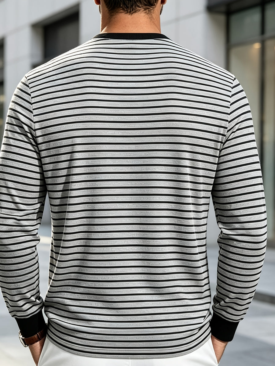 New Men's Striped Henley Neck Long Sleeve T-Shirt, Contrast Color Placket Button Casual Slim Fit Base Layer Top for Spring and Autumn - Light Grey