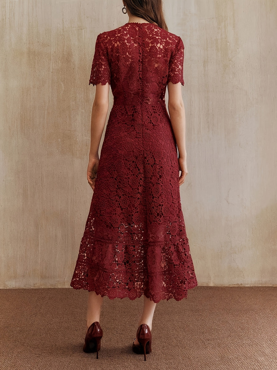 French Lace Cut-out Dress, with a Fashionable Ruffled Panel Design, Features a Flattering Waistline for an Elegant Look, Perfect for Any Formal Occasion. Women's Fashion Must-have - Burgundy