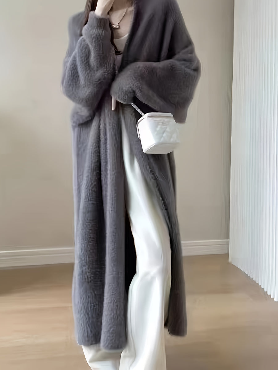 Spring 2025 Fashion Faux Mink Cardigan Sweater Coat, Mid-Length Loose Lazy Style Outerwear, Gentle And Elegant Long Over-The-Knee Cardigan Sweater - Grey