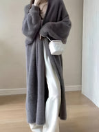 Spring 2025 Fashion Faux Mink Cardigan Sweater Coat, Mid-Length Loose Lazy Style Outerwear, Gentle And Elegant Long Over-The-Knee Cardigan Sweater - Grey