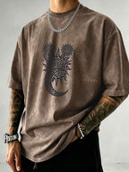Washed Distressed Short Sleeve Loose Top, Tribal Totem Sun Vortex Trendy Print, Multi-Color Casual Matching, American Street Hip-Hop High Street Style, Daily Outing Commute Sports Fitness Couple Statement Versatile T-Shirt - Brown