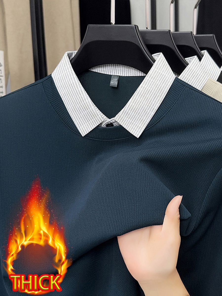 Men's -Lined Thickened 2-in-1 Look Long-Sleeve Sweatshirt, 2-in-1 Look Design, Knitted Body + Slim Striped Shirt Collar, Visually Like a Sweater with an Inner Shirt, Saves the Hassle of Matching - SINBOS - Ha Qing