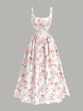 Women's Elegant Square Neck A-Line Dress with Back Bow Detail & Florally Print - Short to Medium Length Formal Wedding Guest Gown, Machine Washable Dress for Special Occasions - Mixed colors
