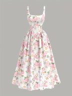 Women's Elegant Square Neck A-Line Dress with Back Bow Detail & Florally Print - Short to Medium Length Formal Wedding Guest Gown, Machine Washable Dress for Special Occasions - Mixed colors