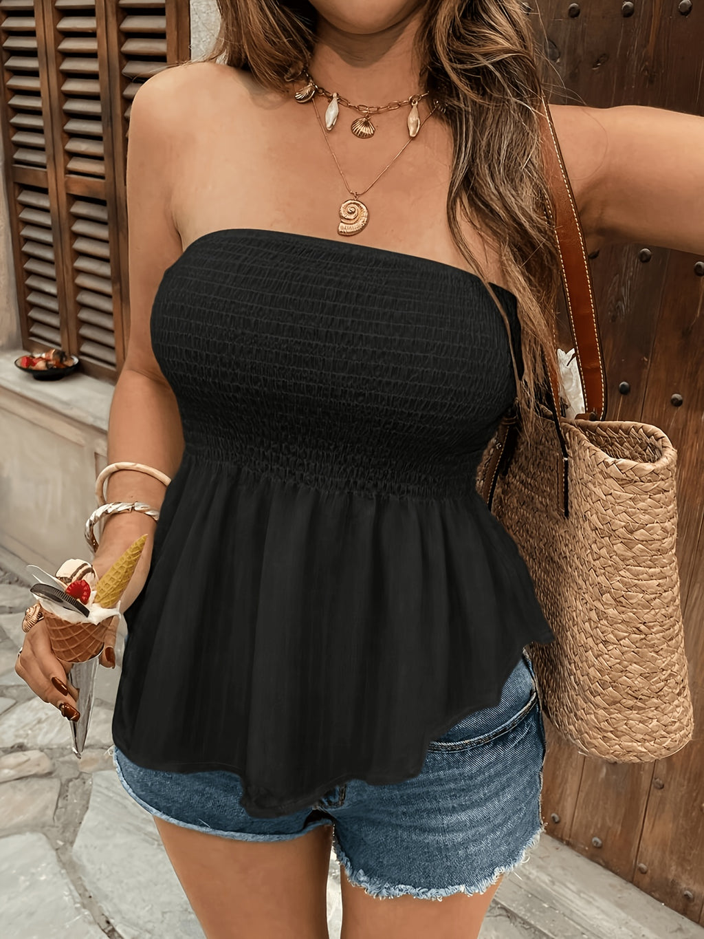 Women'S Fashion French Lantern Check Camisole, Strapless Ruched Elastic Waist, Irregular Hem Outer Vest, And Outer Wear Top - Black