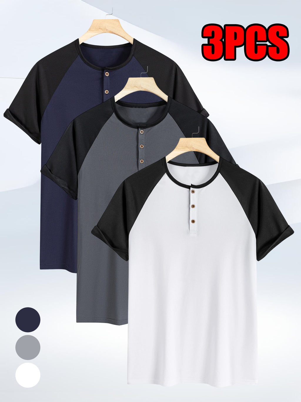 3pcs Pc (3pcs) Men's Summer Lightweight Short-Sleeve Polo Shirts - Quick-Dry Breathable Button-Front Collar Suitable for Casual, Golf, Commuting & Sports | Non-Pilling Round Neck Button Design, Machine Washable Solid Color Shirts - Teal+Dark Gray+White