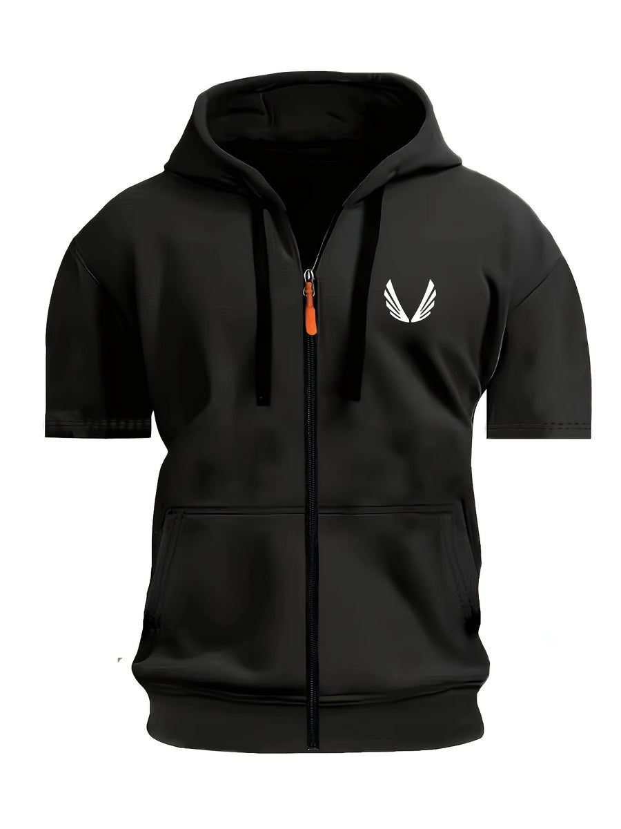 Summer American Fitness Hooded Fashion Short-Sleeve T-Shirt for Men and Women, Suitable for Outdoor Training, Running, and Casual Wear with Zipper - Black