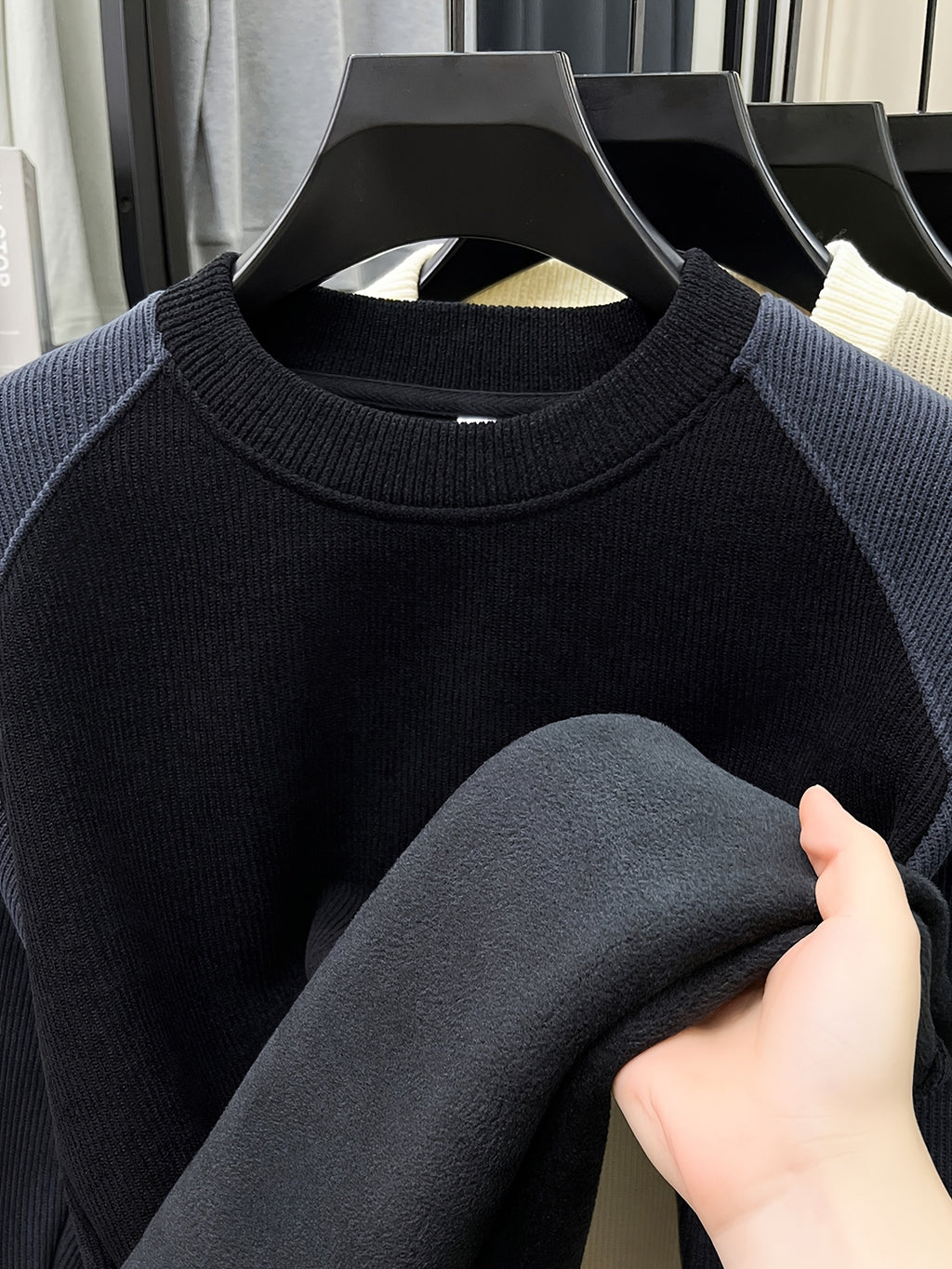 Men'S Color-Block Fleece Sweater Autumn Winter Thick Warm Knit Round Neck Pullover - Black