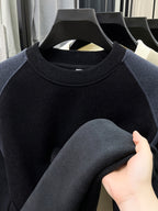 Men'S Color-Block Fleece Sweater Autumn Winter Thick Warm Knit Round Neck Pullover - Black