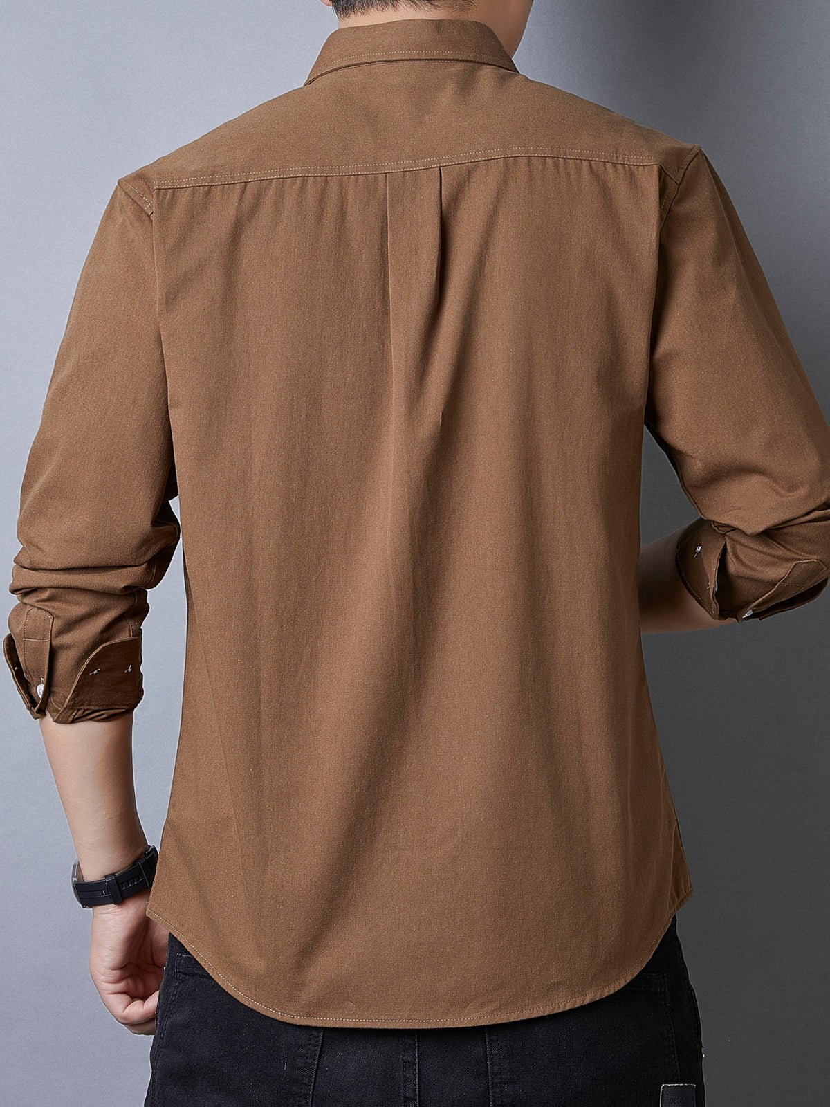 Men's Casual Pure Cotton Long-Sleeve Shirt for Spring and Autumn, Solid Color Simple Lapel Single-Pocket Shirt for Daily Commuting, Work, and Dating, Men's Top - Coffee Color
