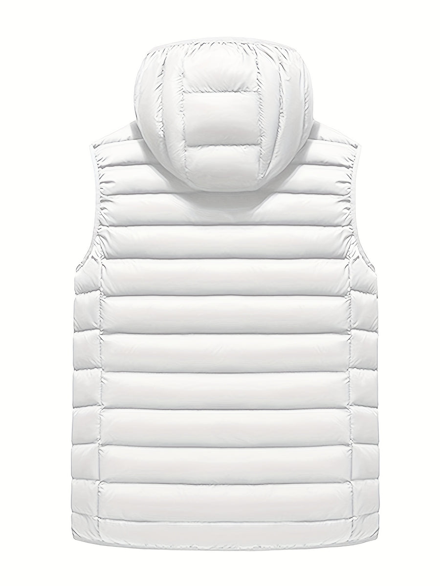 Men'S Slim-Fit Hooded Vest - Lightweight Non-Stretch Jacket, Front Zipper Closure, Side Pockets - Cold Weather Outerwear for Everyday & Formal Events - Fall/Winter, Winter Clothing, Sleek Design, Durable Construction, Stylish Outerwear, Urban Style - White