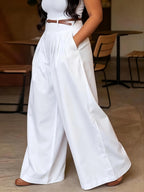 Women's Elastic High-Waisted Loose Fit Casual Trousers with Belt - White