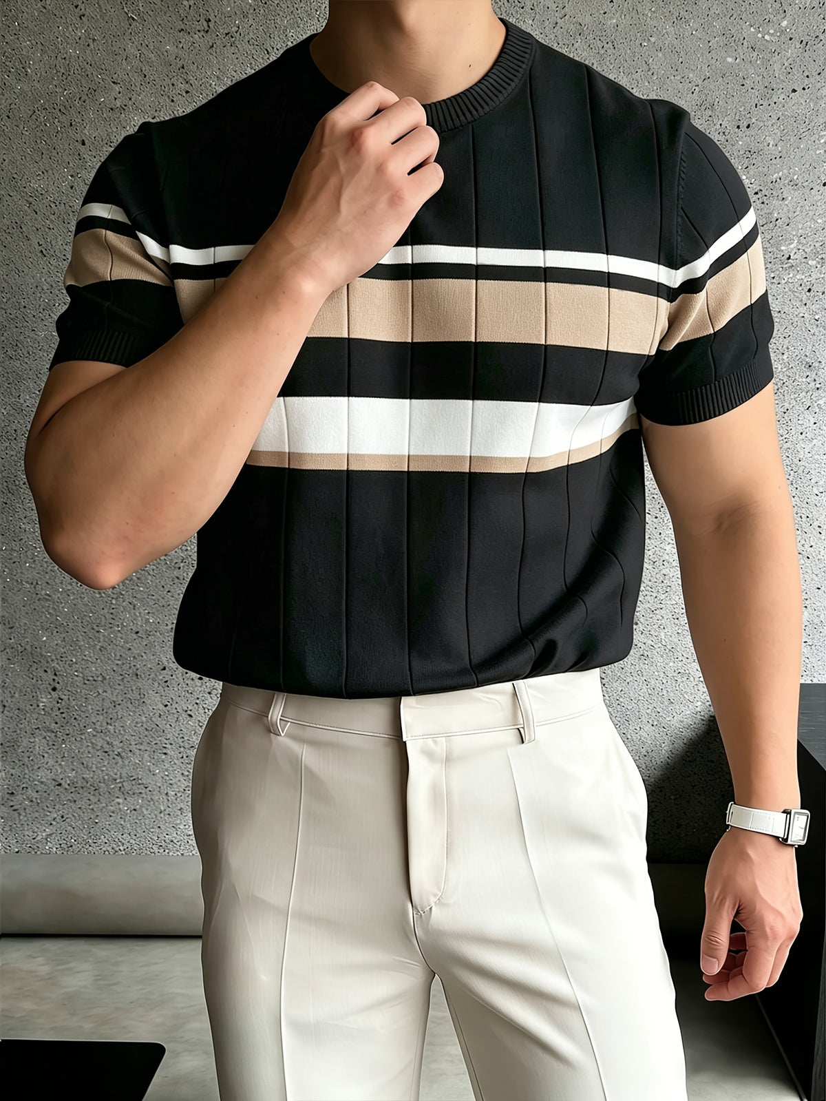 Men'S Color-Block Short-Sleeve Knit Pullover, Regular Round Neck Top, Business Casual Summer New - Black