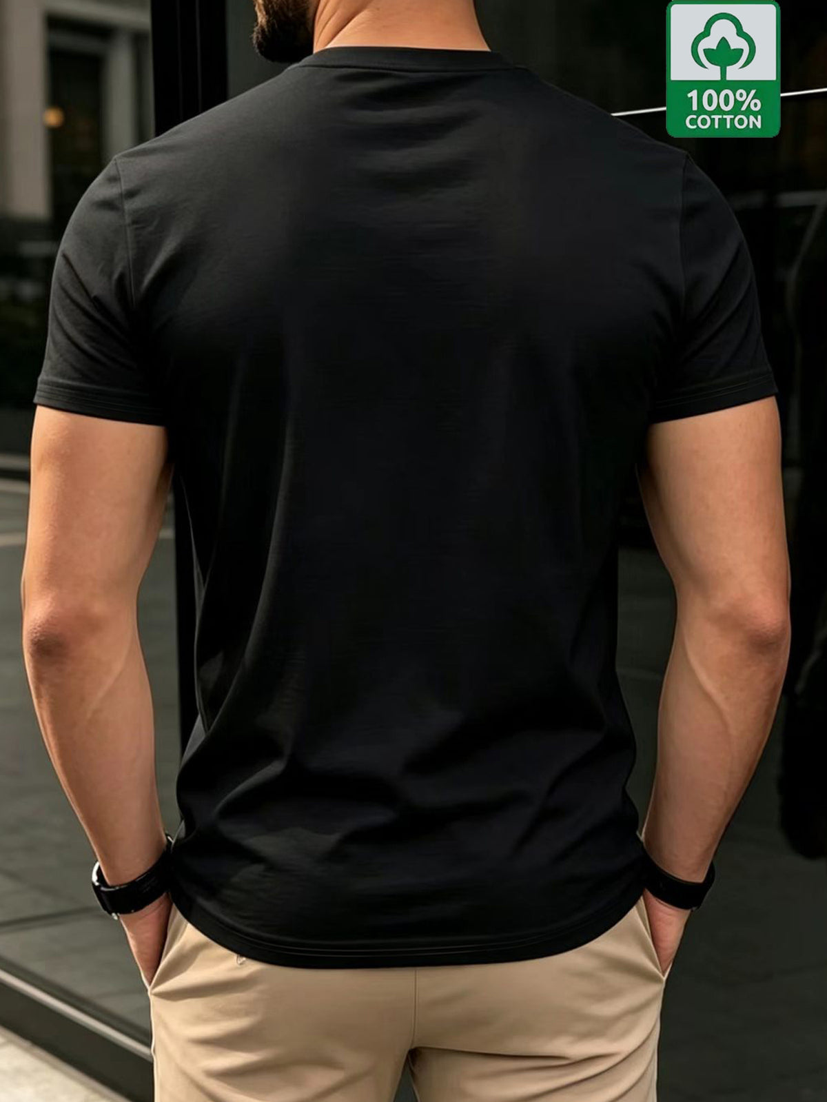 YD-18 Men'S 100% Easy Casual Breathable Sweat-Absorbing Comfortable Short Sleeve Shirt T-Shirt, Sweat-Resistant - Black