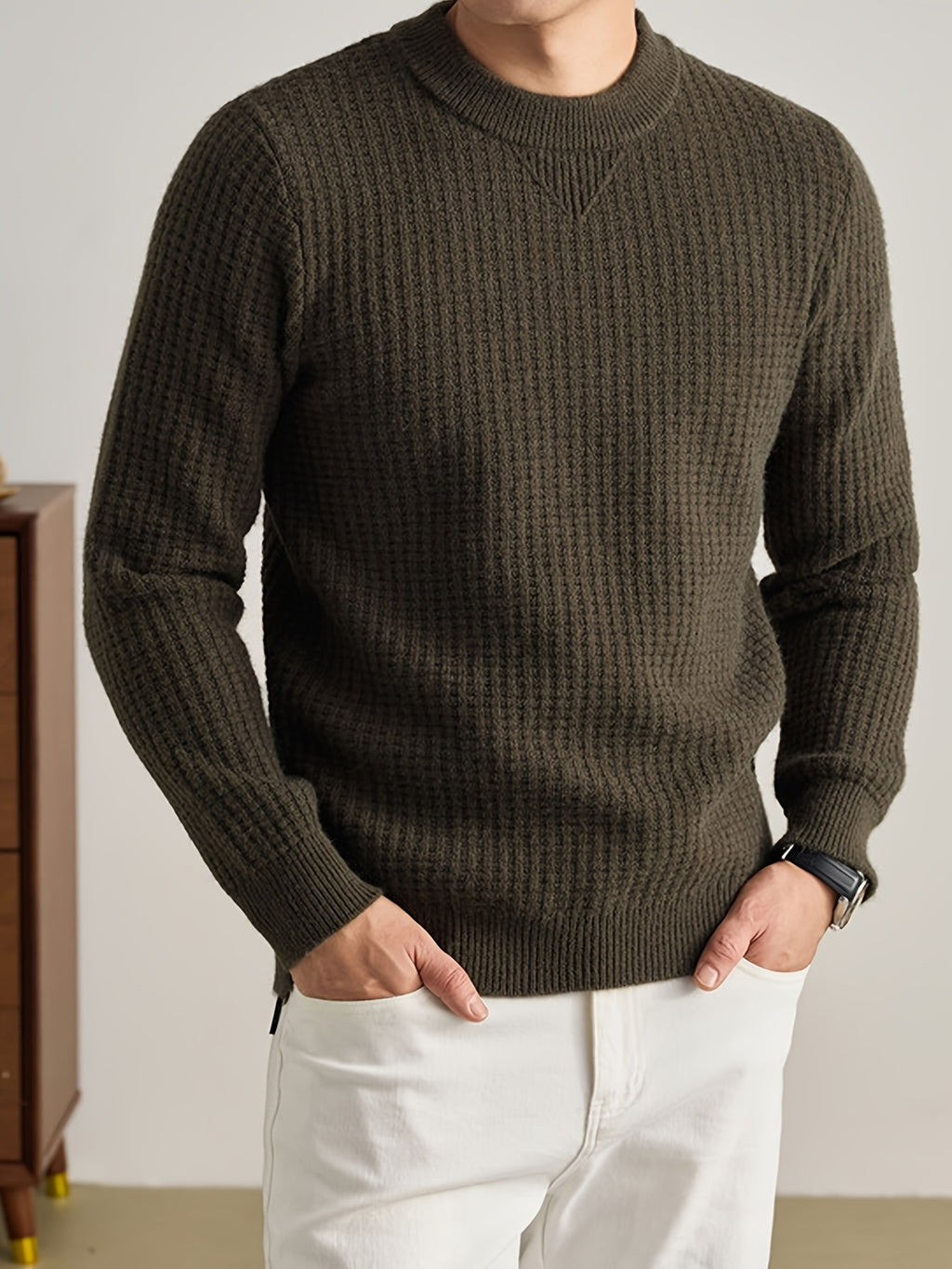 Men'S Waffle Knit Round Neck Sweater, Full Waffle Texture Jacquard Checkered Knit, Strong Three-Dimensional Feel, Thicker Than Regular Plain Knit, Better Warmth - SINBOS - fern green