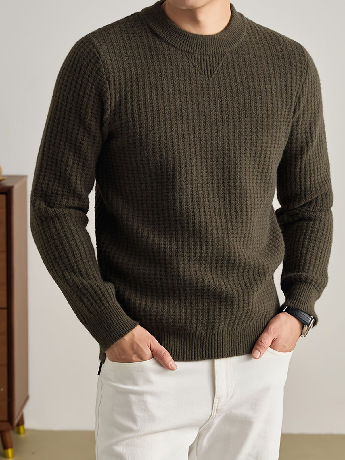 Men'S Waffle Knit Round Neck Sweater, Full Waffle Texture Jacquard Checkered Knit, Strong Three-Dimensional Feel, Thicker Than Regular Plain Knit, Better Warmth - SINBOS - fern green