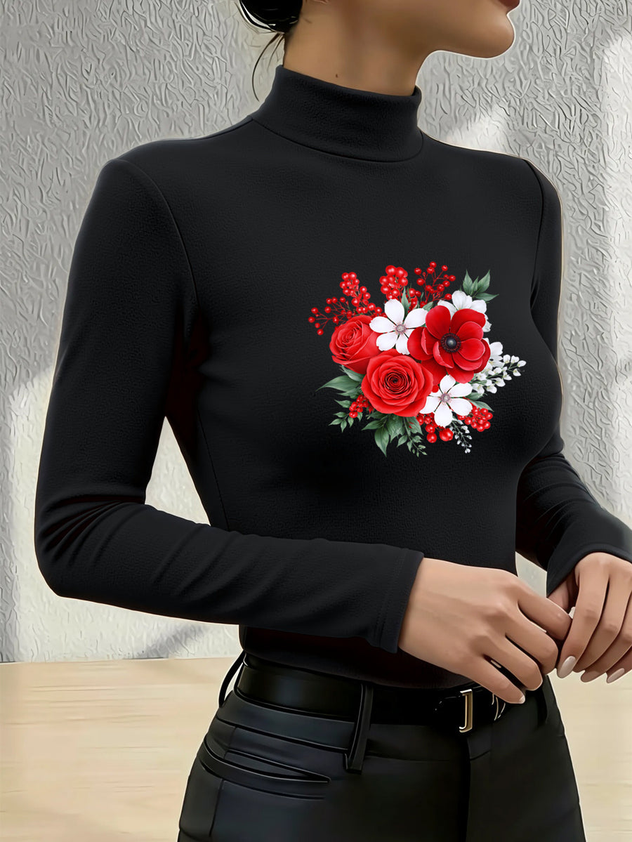Women'S 2026 New Fashion Half-Neck Long Sleeve Body Suit, Casual Texture Fall Winter Style, Essential Base Layer for Fall Winter, Slim Sexy Comfortable Warm "Red Roses White Flowers Berries Green Leaves" - Black