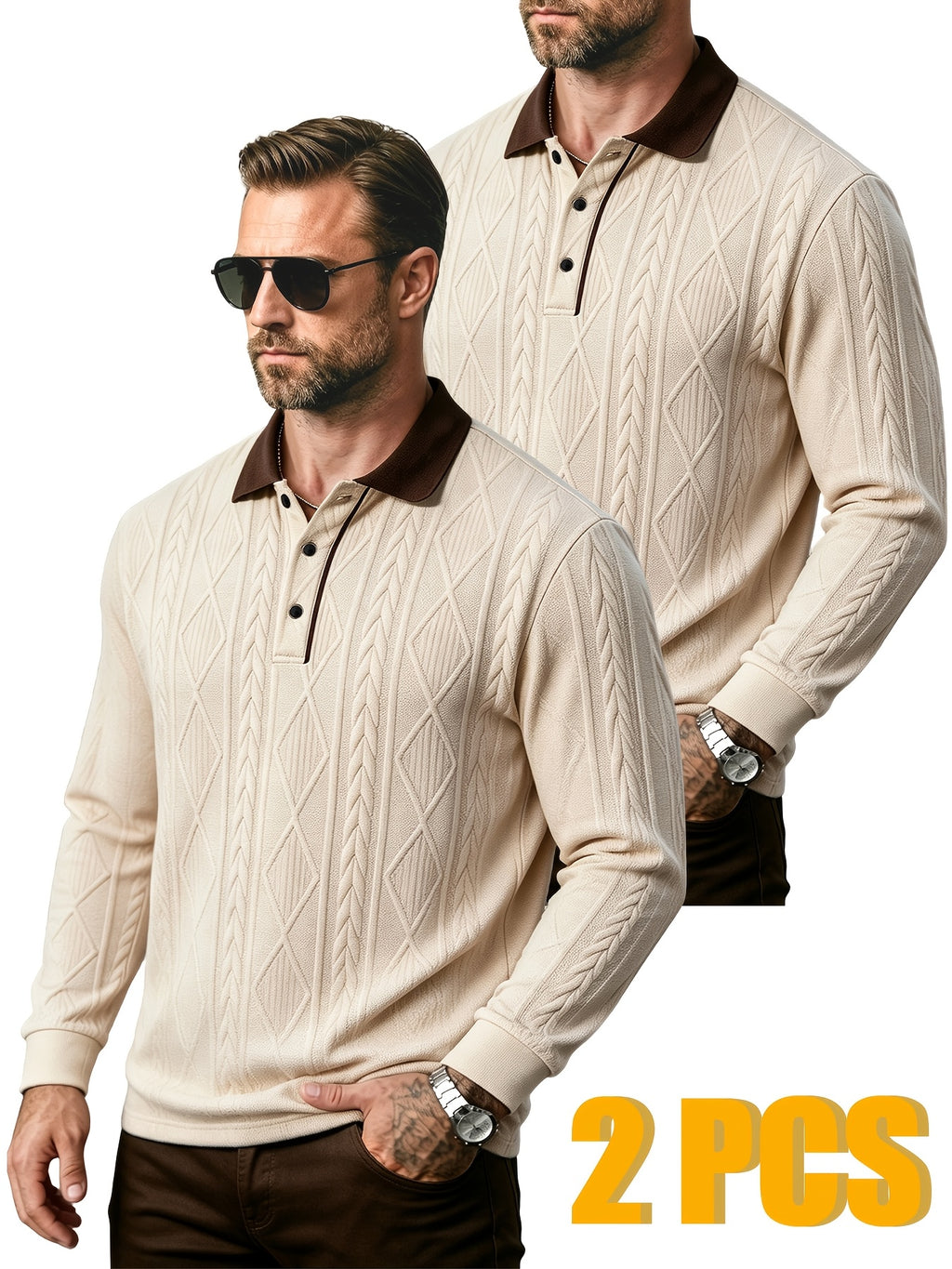 2pcs Men's Fashion Long-Sleeve Polo Shirt | High-End Contrast Color Lapel Jacquard Design T-Shirt | Essential Golf Polo Outfit | Breathable, Warm, Skin-Friendly, and Comfortable | for Indoor Gatherings and Outdoor Sports | Wardrobe Essential Casual - Apricot + Apricot
