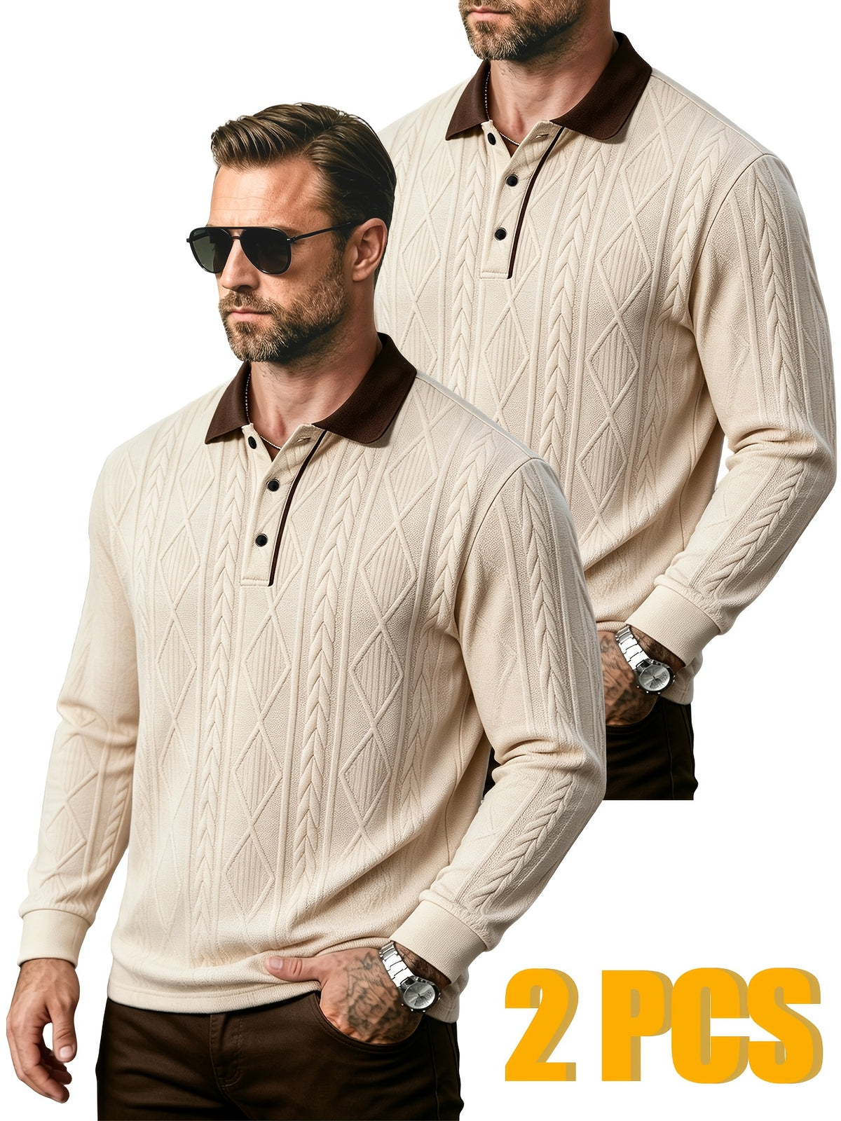 2pcs Men's Fashion Long-Sleeve Polo Shirt | High-End Contrast Color Lapel Jacquard Design T-Shirt | Essential Golf Polo Outfit | Breathable, Warm, Skin-Friendly, and Comfortable | for Indoor Gatherings and Outdoor Sports | Wardrobe Essential Casual - Apricot + Apricot