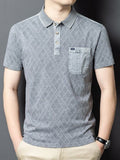 Men'S Washed Distressed Denim Style Polo Shirt, Blend Jacquard Breathable Short Sleeve Middle-Aged Dad Wear - Grey