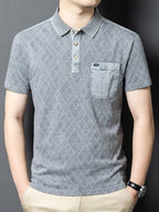 Men'S Washed Distressed Denim Style Polo Shirt, Blend Jacquard Breathable Short Sleeve Middle-Aged Dad Wear - Grey