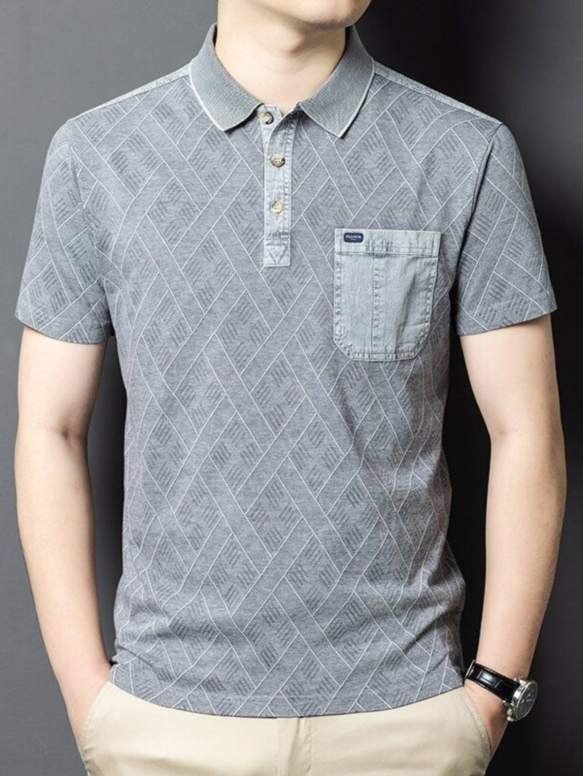 Men'S Washed Distressed Denim Style Polo Shirt, Blend Jacquard Breathable Short Sleeve Middle-Aged Dad Wear - Grey