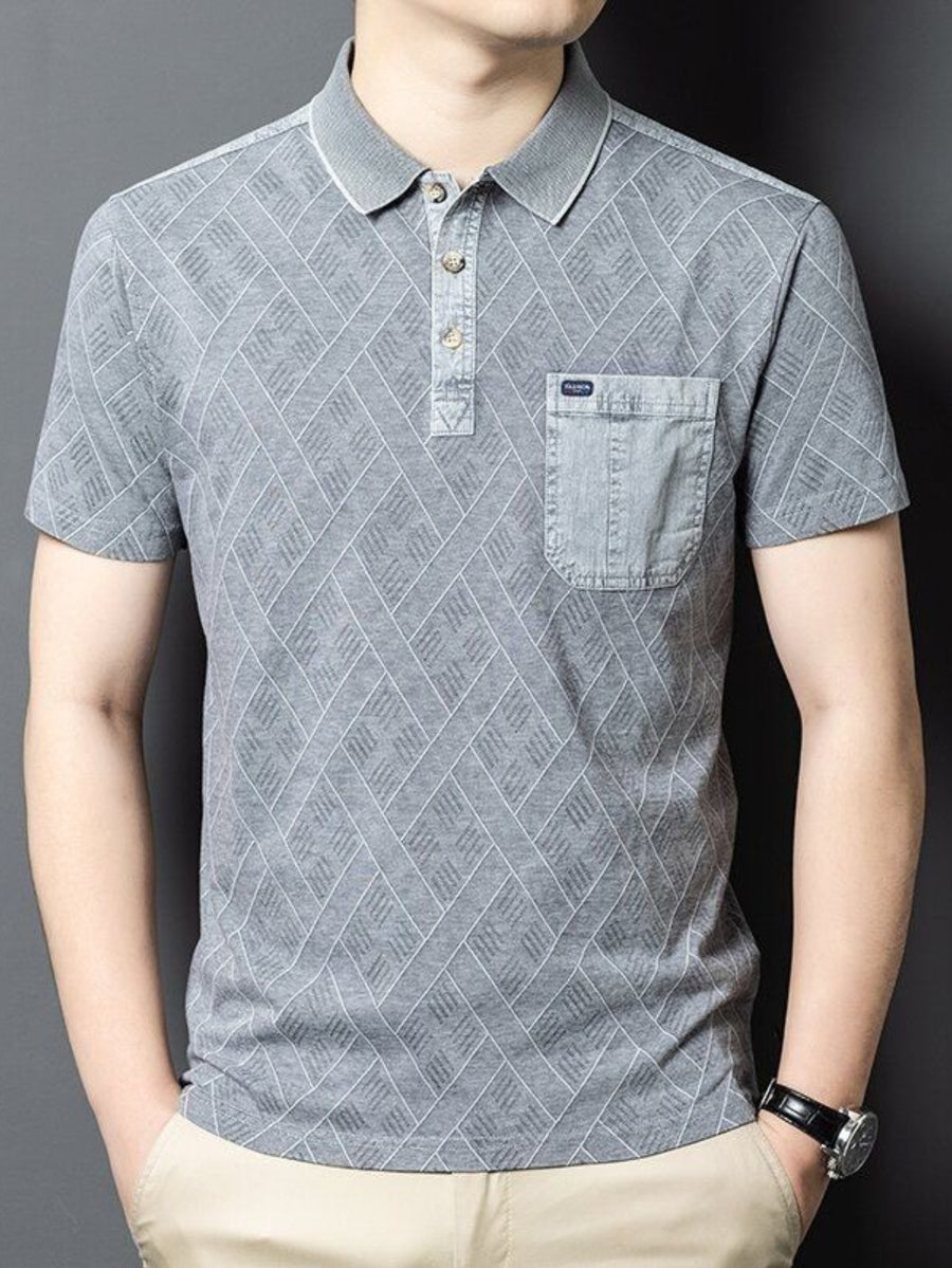Men'S Washed Distressed Denim Style Polo Shirt, Blend Jacquard Breathable Short Sleeve Middle-Aged Dad Wear - Grey