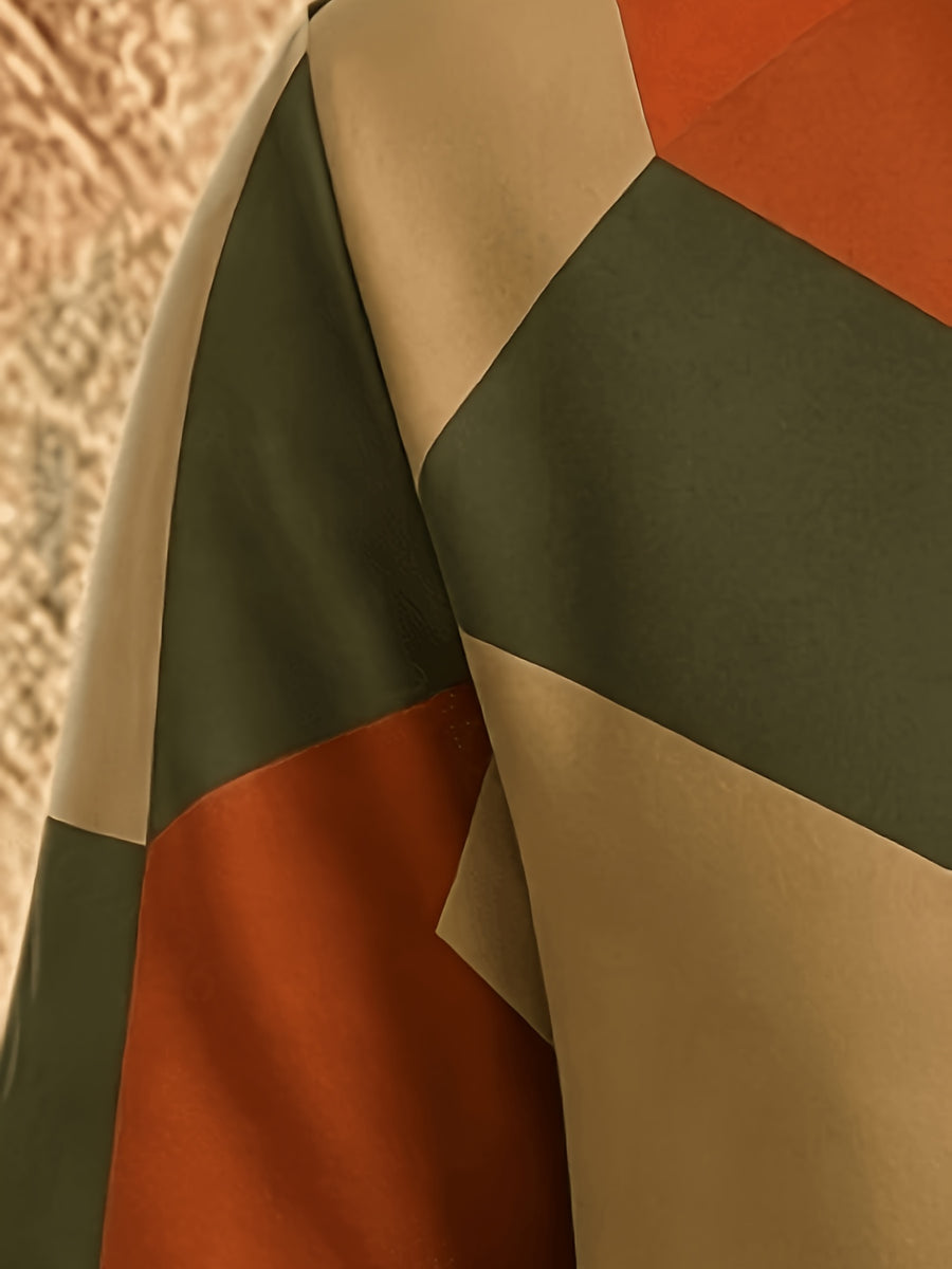 [Print Design - Not Textured] Men'S Retro Geometric Color-Block Digital Print Half-Zip Stand Collar Sweatshirt, Spring/Autumn Loose Casual Top, Daily Commute Outdoor Wear - Mix color 5