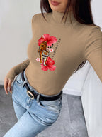 Women'S 2026 New Fashion Half-Neck Long Sleeve Body Suit, Casual Texture Autumn Winter Style, Essential Base Layer for Fall Winter, Slim Sexy Comfortable Warm, Printed with "Tiger Hibiscus Flower Japanese Art" - Khaki