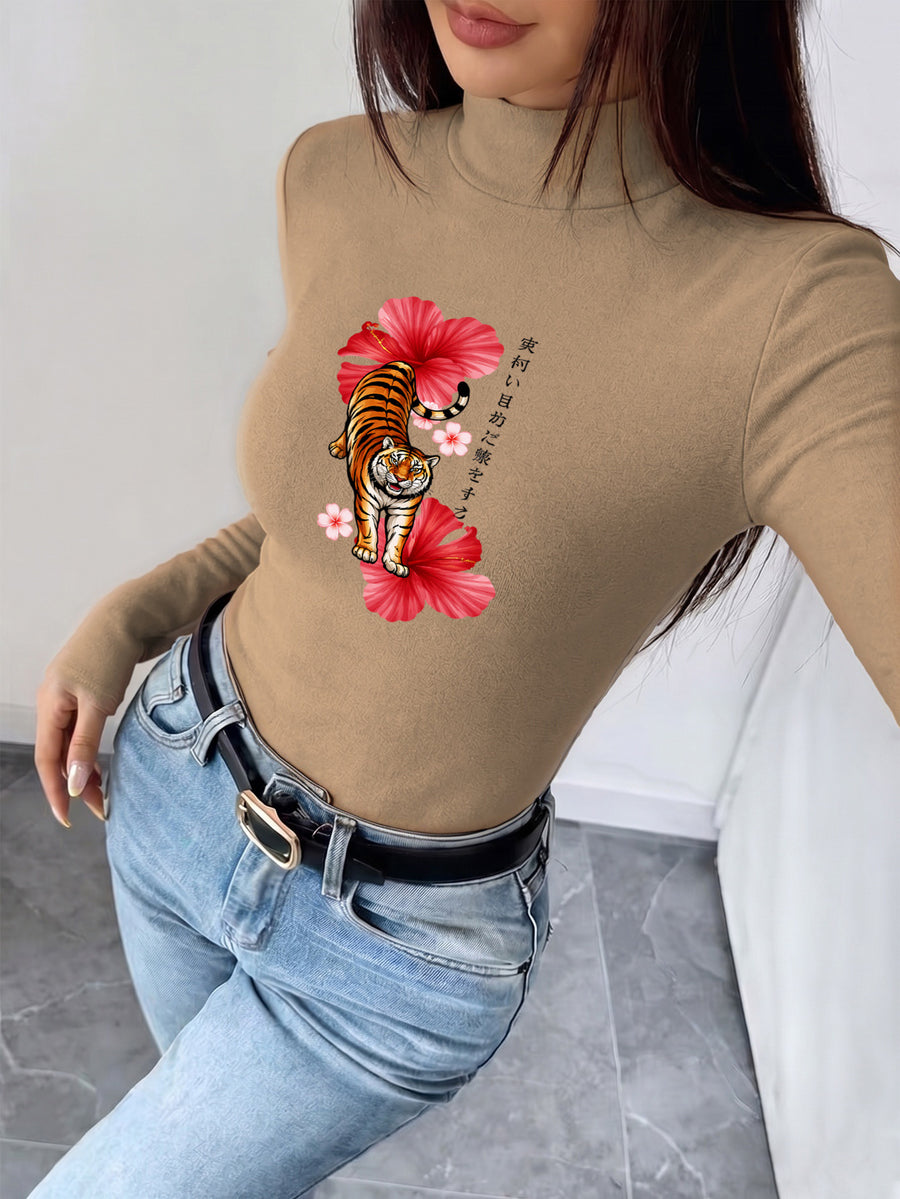 Women'S 2026 New Fashion Half-Neck Long Sleeve Body Suit, Casual Texture Autumn Winter Style, Essential Base Layer for Fall Winter, Slim Sexy Comfortable Warm, Printed with "Tiger Hibiscus Flower Japanese Art" - Khaki