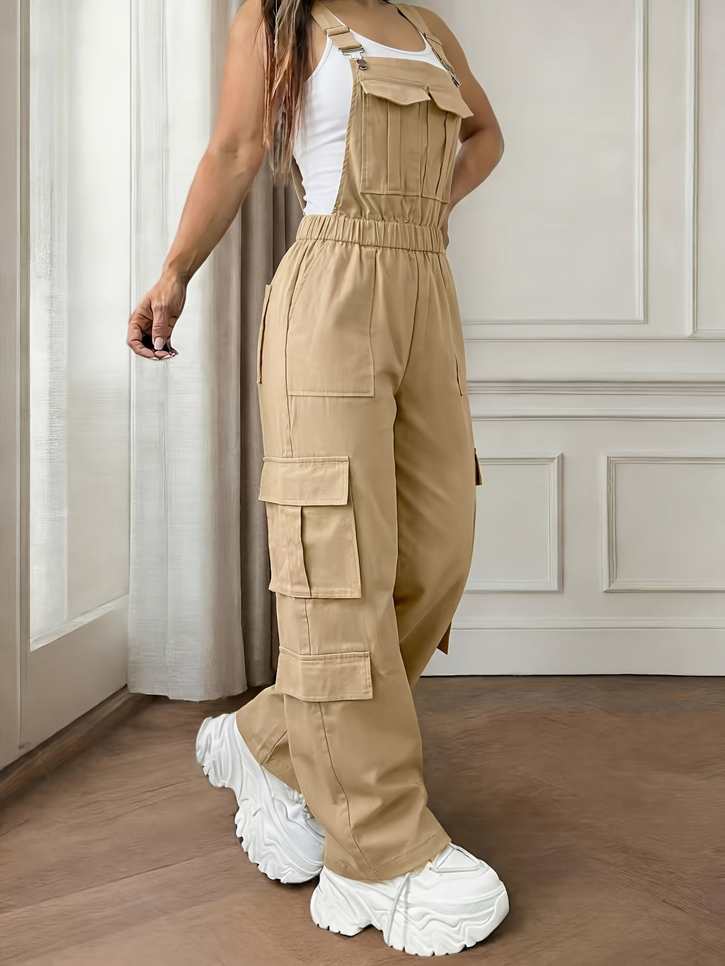 \ Women'S Utility Style Overalls, Multi-Pocket Design, Casual Leisure All-Match Overalls - Khaki