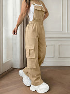 \ Women'S Utility Style Overalls, Multi-Pocket Design, Casual Leisure All-Match Overalls - Khaki