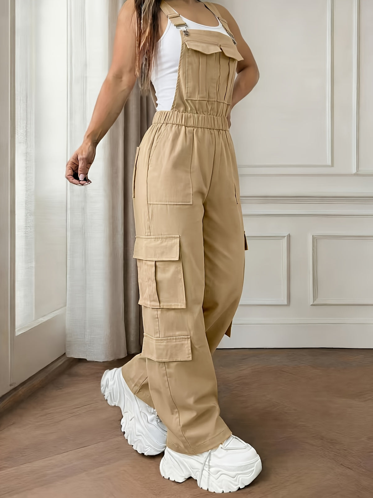 \ Women'S Utility Style Overalls, Multi-Pocket Design, Casual Leisure All-Match Overalls - Khaki
