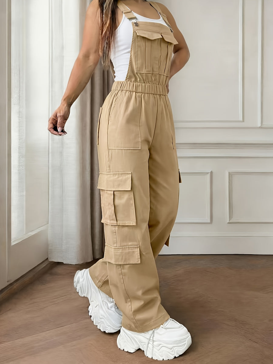 \ Women'S Utility Style Overalls, Multi-Pocket Design, Casual Leisure All-Match Overalls - Khaki
