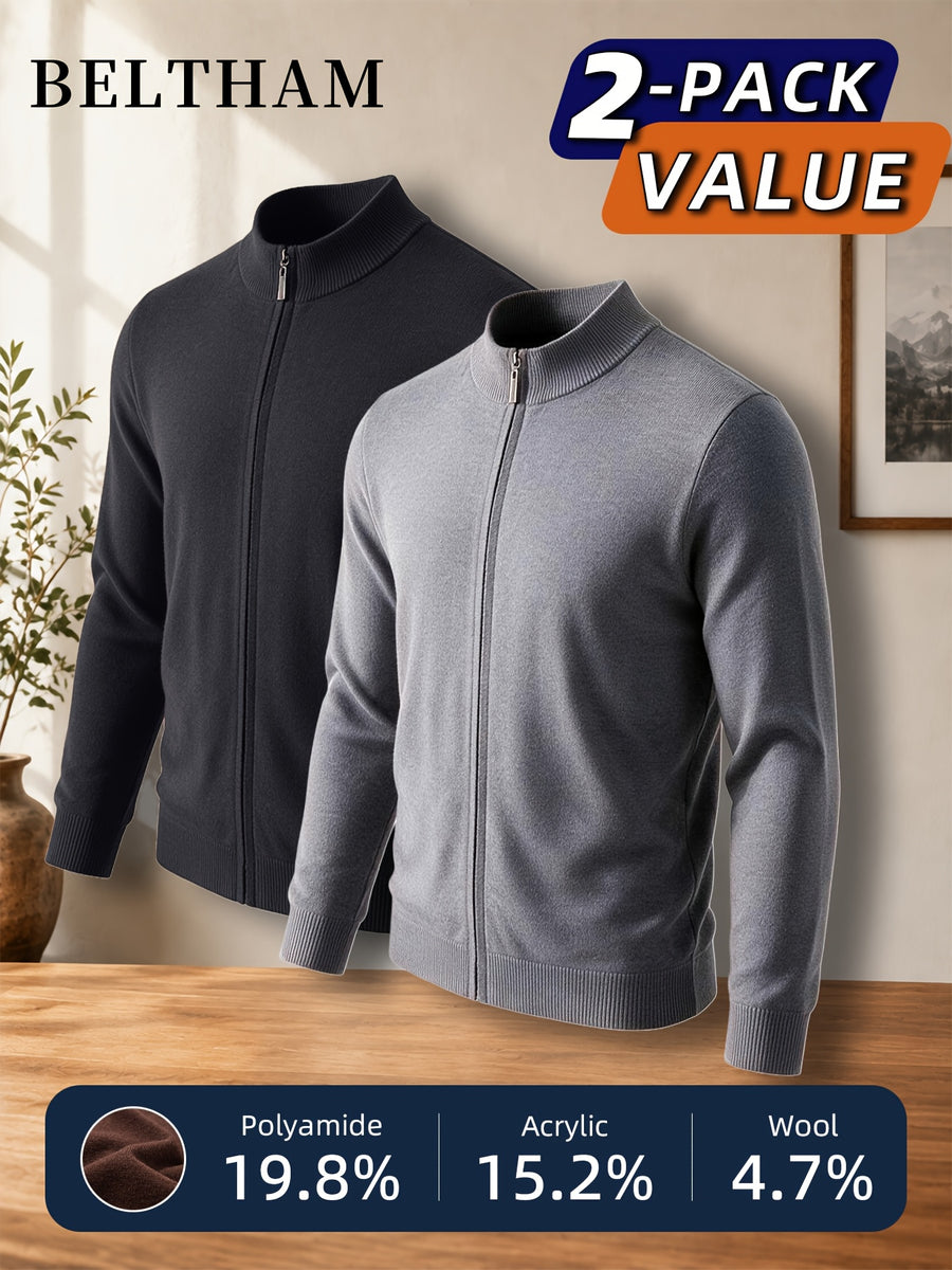 2pcs New Spring Autumn Winter Men'S Knit Cardigan, Ideal Gift for Father And Husband, Solid Color Zipper Design Sweater, Elegant Versatile Knit Cardigan Coat, Suitable for Daily Casual Business Sports Outdoor Camping Fishing Wear - Dark Gray + Light Gray