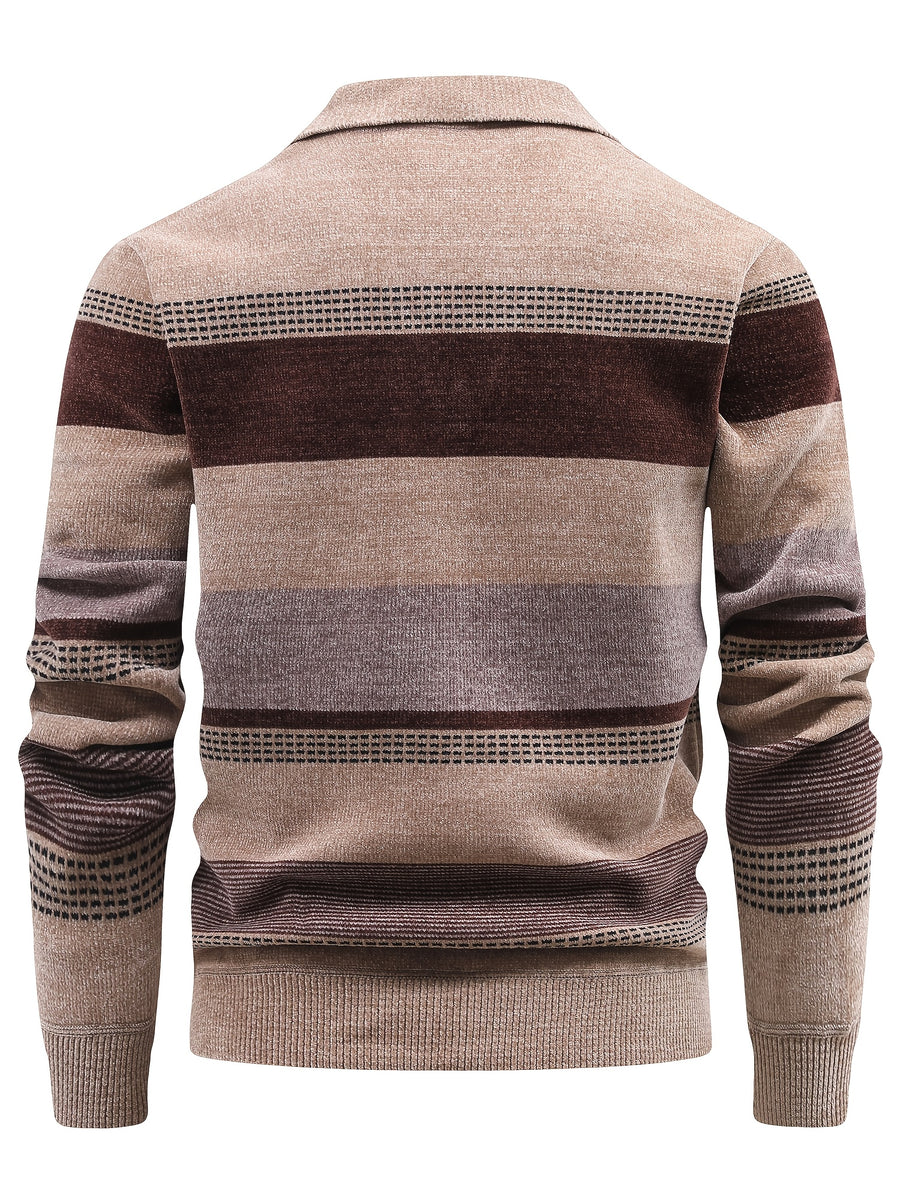 Men's Thickened Sweater with Polo Collar & Lapel - Warm Winter Pullover, Contrast Striped Suitable for Daily Commuting and Vacations, Hand Washable Suitable for Old Money Style, Seagull Collar, Beltless for - Wear - Camel